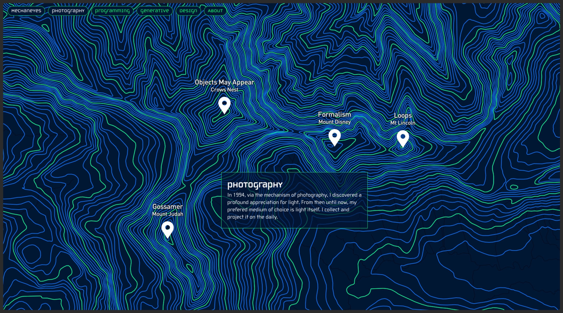 Mechaneyes Desktop Screenshot. Topographic map illustration. Map points demarking mountain peaks.