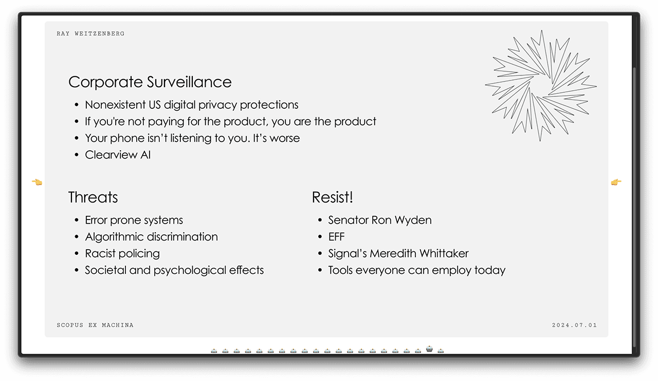 Scopus Ex Machina Slide. Text explaining considerations of surveillance.