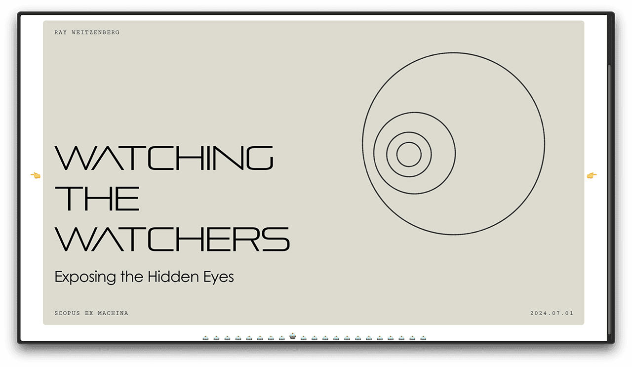 Scopus Ex Machina Slide. Section title slide. Text stating 'Watching the watchers.' Illustration of an eyeball looking at that text.