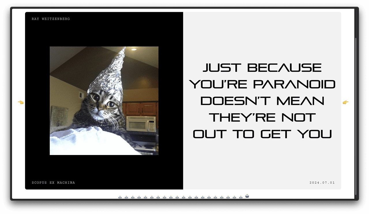 Scopus Ex Machina Slide. Title states, 'Just because you're paranoid doesn't mean they're not out to get you.' Picture of a cat wearing a tinfoil hat.